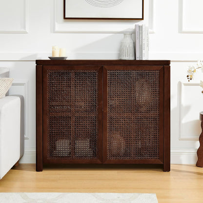 LKTART Small Sideboard Buffet Cabinet,Narrow Kitchen Storage Cabinet with 2 Rattan Doors,Mid Century Modern Thin Console Table for Living Room,Entryway(39.4" Walnut)