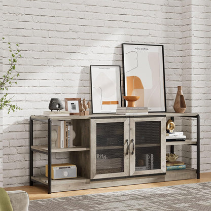 Amyove TV Stand for 65+ Inch TV, Industrial Entertainment Center TV Media Console Table, Farmhouse TV Stand with Storage, Mesh Door and Shelves, Gray TV Console Cabinet Furniture for Living Room