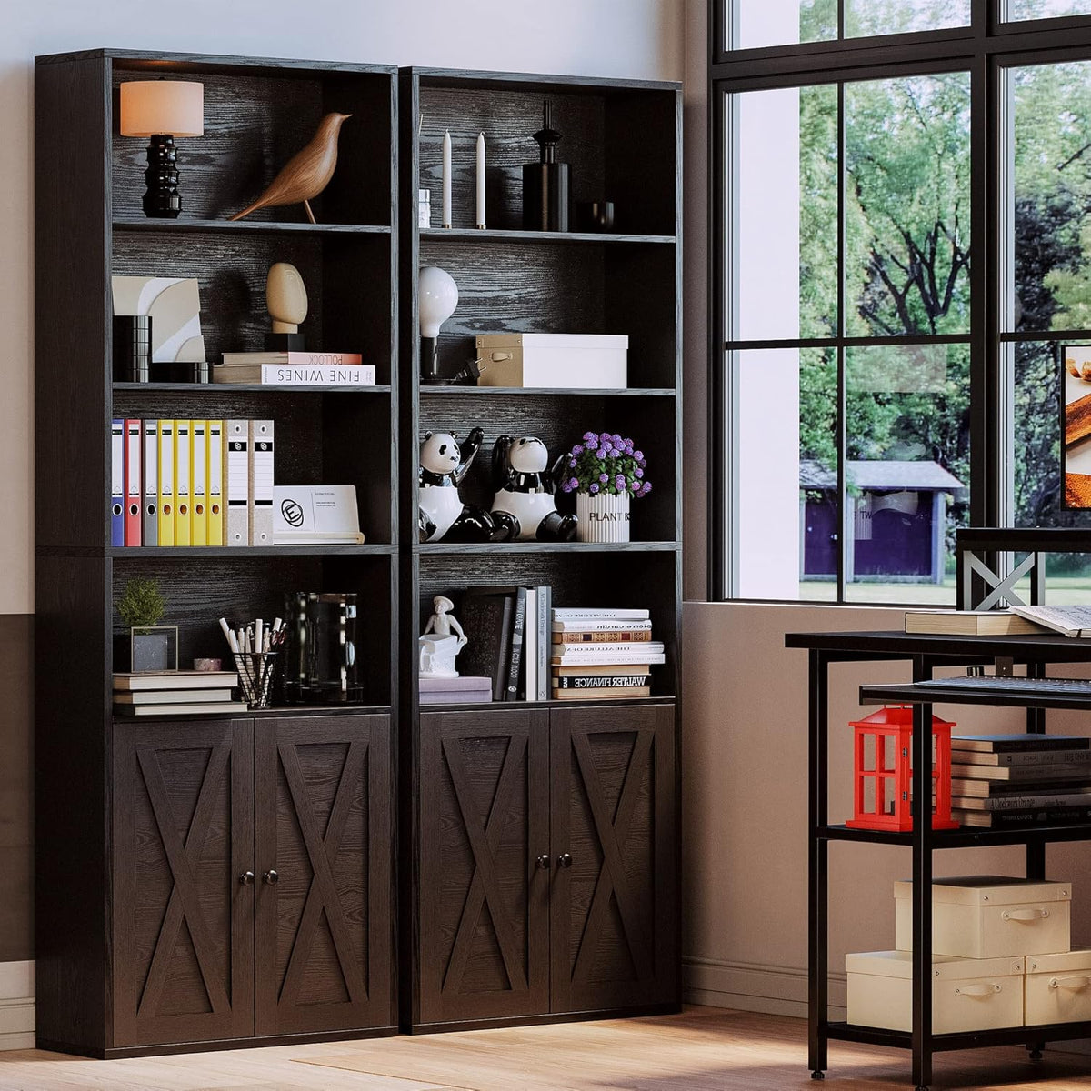IRONCK Industrial Bookshelves and Bookcases with Doors Floor Standing 6 Shelf Display Storage Shelves 70 in Tall Bookcase for Home Office, Living Room