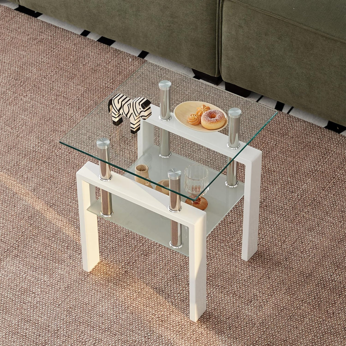 2pcs Modern Glass End Table - Two Tiered Clear Nightstand, Square Tempered Glass Tables with White Metal Frame for Living Room or Bedroom, Set of 2 17.72"x17.72"x20.47"H