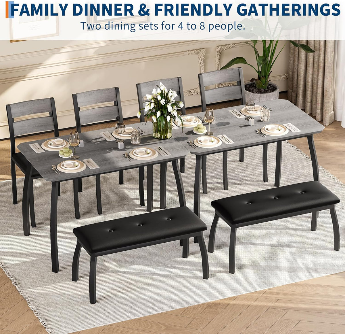 IDEALHOUSE 43'' Dining Table Set for 4, Wooden Kitchen Table with Upholstered Bench & 2 Cushion Chairs, Industrial Dinette Set for Studio, Kitchen, Dining Room, Apartment, Gray