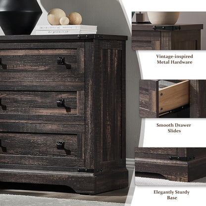 T4TREAM 32" Farmhouse Nightstand with 3 Storage Drawers, Large End Table with Charging Station, Rustic Wood Bedside Table for Bedroom, Living Room, Dark Rustic Oak