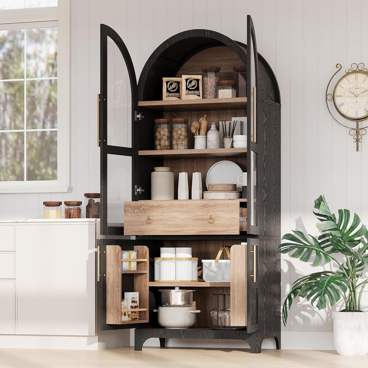 71" Tall Arched Kitchen Pantry Cabinet, Freestanding Kitchens Storage Cabinets with Hidden Drawers, Adjustable Shelves, & Glass Doors, Versatile Cupboard for Kitchen, Dining Room, Bathroom,Black
