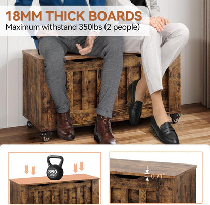 GarveeHome Storage Chest, 39.4" Wooden Storage Bench with 4 Wheels (Brown) | Blanket Chest with 2 Safety Hinges, Round Corner, Supports 350 LBS, Storage Trunk for Entryway, Living Room, Bedroom