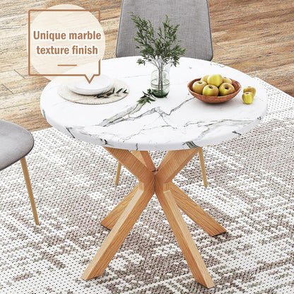 DlandHome Round Dining Table for 4, 39.4 Inches Kitchen Table with X Shaped Wooden Pedestal Base, Circle Dinner Tables for Dining Room, Kitchen, Living Room(Table Only), Marble & Oak Color