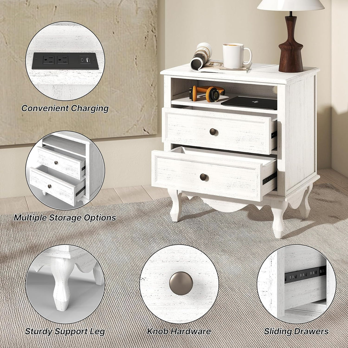 Solid Wood Nightstands Set of 2, Fully Assembled Night Stand with 2 Drawer & Open Shelf Storage, Bedside Table with Charging Station, Mid-Century Modern End Table for Bedroom, White