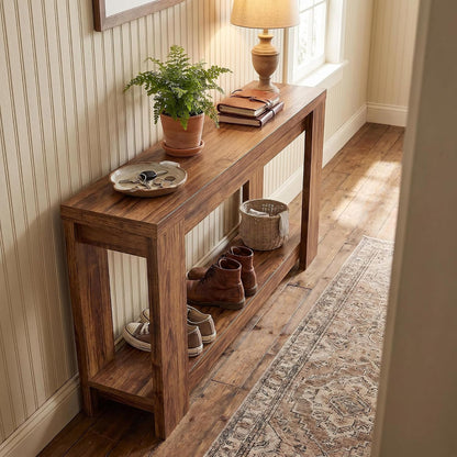 70.9" Rustic Farmhouse Console Sofa Table - Heavy Duty MDF Entryway Table with 2-Tier Storage, Narrow Long Table for Behind Couch, Brown