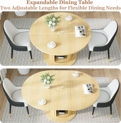 47"-63" Extendable Round-to-Oval Dining Table with Double-Layer Hidden Storage, Fluted Cylindrical Base and Sliding Doors, Modern Farmhouse Kitchen Table for Dining Room or Office, Oak