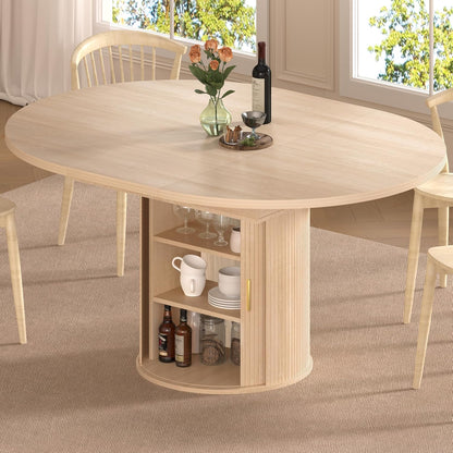 DHH 47"-63" Extendable Round Dining Table for 4–8 with Storage, Mid Century Modern Farmhouse Wood Oval Dinner Table with Pedestal Base for Kitchen, Living Room (Natural Wood)