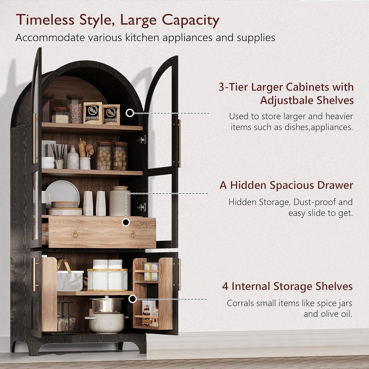 Kitchen 71" Arched Pantry Hidden Storage，Black-V | Adjustable Shelves Soft-Close Doors Anti-Tip Safety 4-Door Racks Durable MDF Multi-Room Use