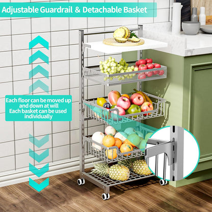 HapiRm Fruit Basket Kitchen Cart - 5 Tier Adjustable Vegetable Storage Rack, Large Capacity Rolling Kitchen Carts on Wheels for Snack Onion and Potato Storage