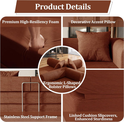53.15'' Convertible Compressed Corduroy Folding Cloud Sofa Bed, Modern Pull Out Loveseat Sleeper in a Box, 4 in 1 Floor Mattress Futon Cloud Couch, No Assembly Needed, Orange, Pillows, Full