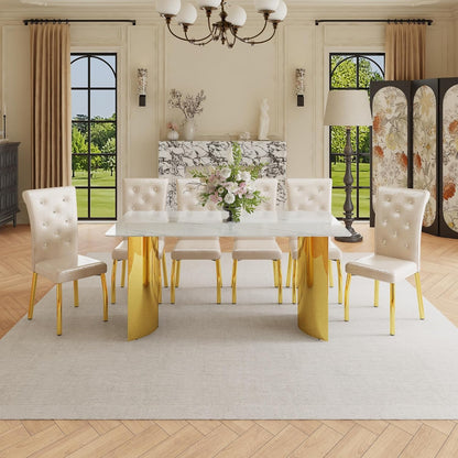 71" Dining Table Set for 6, White Faux Marble Dining Room Table Set for 6 with PU Leather Chairs and Gold Metal Legs, Easy Clean Kitchen Dining Set