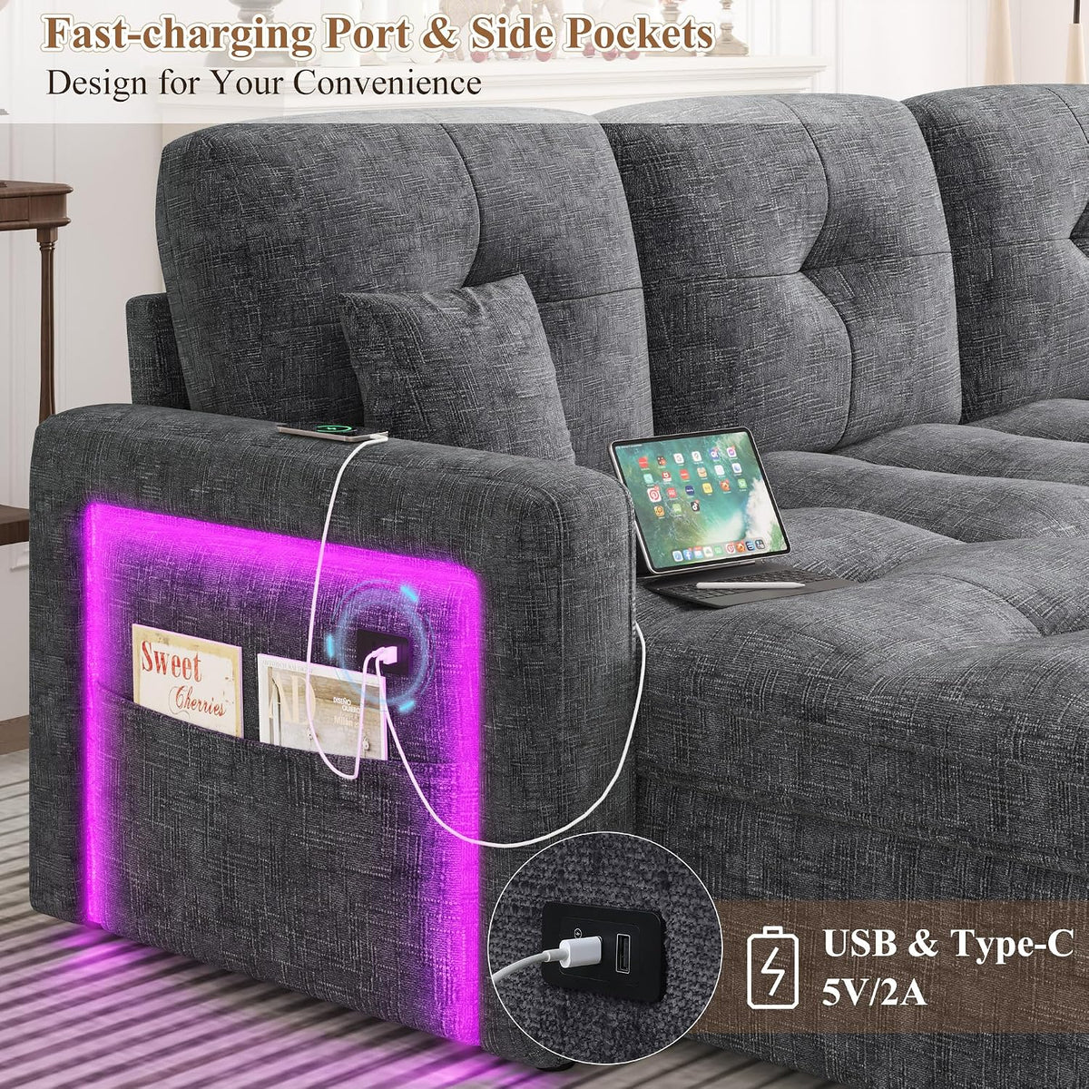 81'' LED L-Shaped Sectional Couch for Living Room, Sleeper Sofa Bed, Grey | Comfy Chenille Cloud Couch, Pull Out Bed, Storage Chaise, 5-level Adjustable Backrest, USB Charging, 2 Pillow, 900LB Capacity