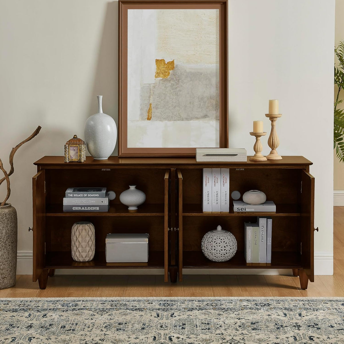 KEIKI 65.2" Mid Century Modern Sideboard Buffet Cabinet with Storage, Walnut Credenza Console Table with Adjustable Shelf, Farmhouse Coffee Bar Wine Cabinet for Living Room, Entryway, Kitchen, Walnut