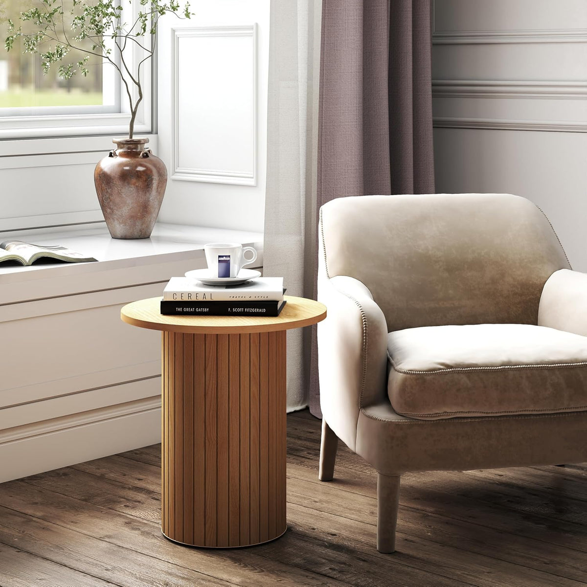 Small Round Side Table, Fluted Drum Pedestal End Table, Wood Plant Stand for Small Spaces, Modern Home, Bedroom, and Living Room Desk Furniture, Nature