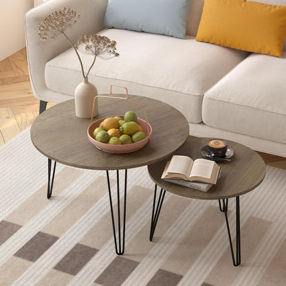 Small Round Nesting Coffee Table Set of 2 for Living Room, 27.56 inch Wood Modern Stacking Circle Coffee Table Side Table End Table with Metal Frame for Bedroom（Brown