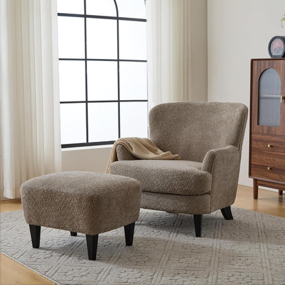 Christopher Knight Home Winnie Accent Chair and Ottoman Set, Living Room/Bedroom Wooden Comfy Reading Chair with Footrest Stool, Boucle Upholstered Wingback Single Sofa, Brown
