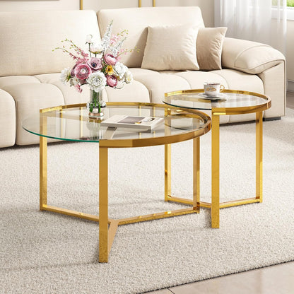 Round Nesting Coffee Table Set of 2 with Gold Frame & Mirrored Top, Black | Modern Circular Cocktail Tables with Tempered Glass, Space-Saving for Living Room & Apartment