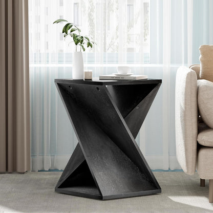 COZAYH Farmhouse End Table Square Solid Wood Pedestal Side Table Rustic Plant Stand with Twisted Design for Living Room, Bedroom, Office, Black