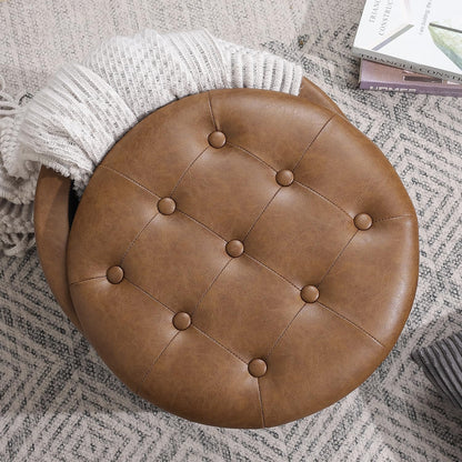 Adeco Brown Upholstered Round Faux Leather Storage Ottoman with Solid Wood Grain Plastic Legs | Tufted Foot Rest Ottoman for Living Room & Bedroom | Decorative Home Furniture