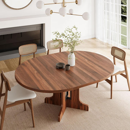 Feonase 59" Round Extendable Dining Room Table for 4-6, Modern Oval Kitchen Table with Heavy Duty Wood Base, Metal Frame Support, for Dining Kitchen Living Room, Easy Assembly, Noise-Free, Walnut