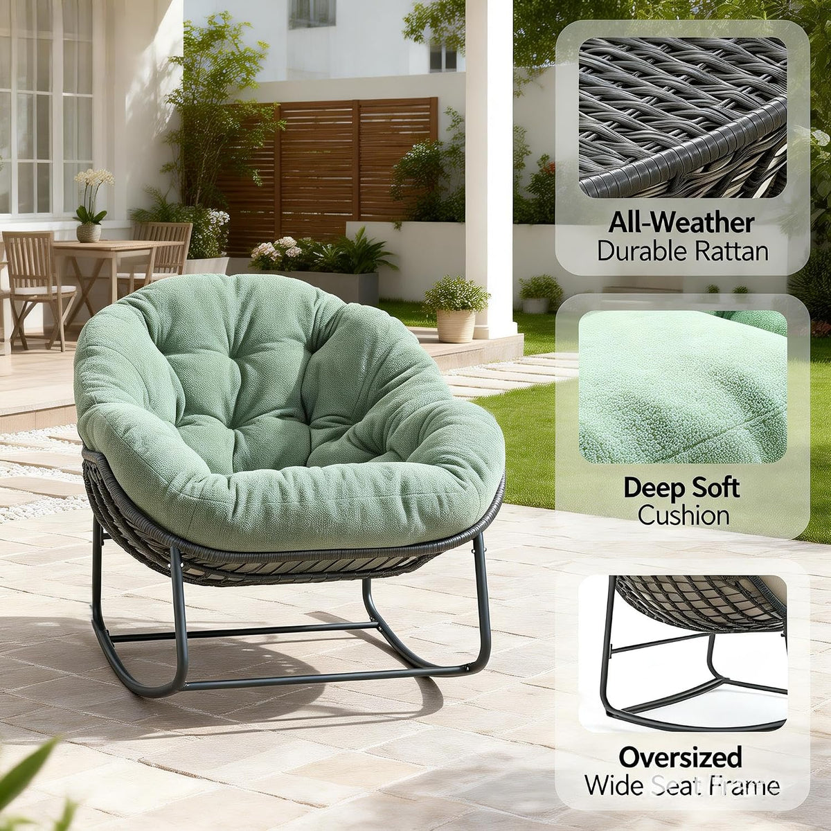 Oversized Outdoor Papasan Rocking Chair with Soft Cushion, Comfy Patio Egg Chair, Wicker Lounge Rocker for Balcony/Porch/Garden, Reinforced All Weather Rattan Frame, 330 lbs Support, Hunter Green