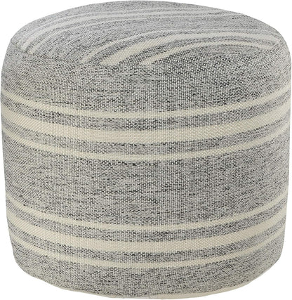 LR Home Ox Bay Farmhouse Triple Stripe Indoor Outdoor Pouf, Gray/White, 18" x 18" x 14"
