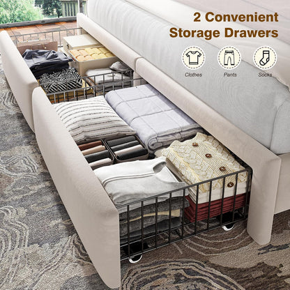 Homkdom King Bed Frame,51.3" Tall Velvet Storage Headboard,2 Drawers,Beige