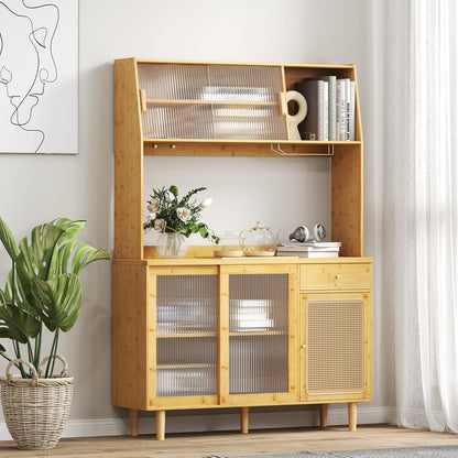 LOKO 69” Tall Bamboo Pantry Cabinet with Hutch, Kitchen Buffet Sideboard with Tempered Glass & PE Rattan Doors, Microwave Shelf, Glass Holder, Floor Cupboard Wine Bar Cabinet, Natural