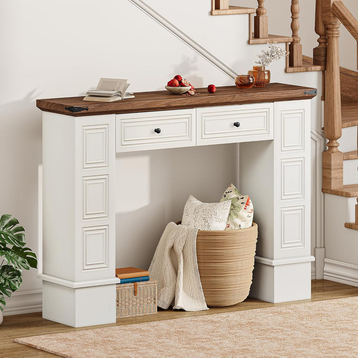 YITAHOME Farmhouse Console Table for Entryway with Storage, Narrow Long Sofa Table Furniture with Non-tip Kit, Behind Couch Table for Hallway, Living Room & Bedroom, Off White & Walnut