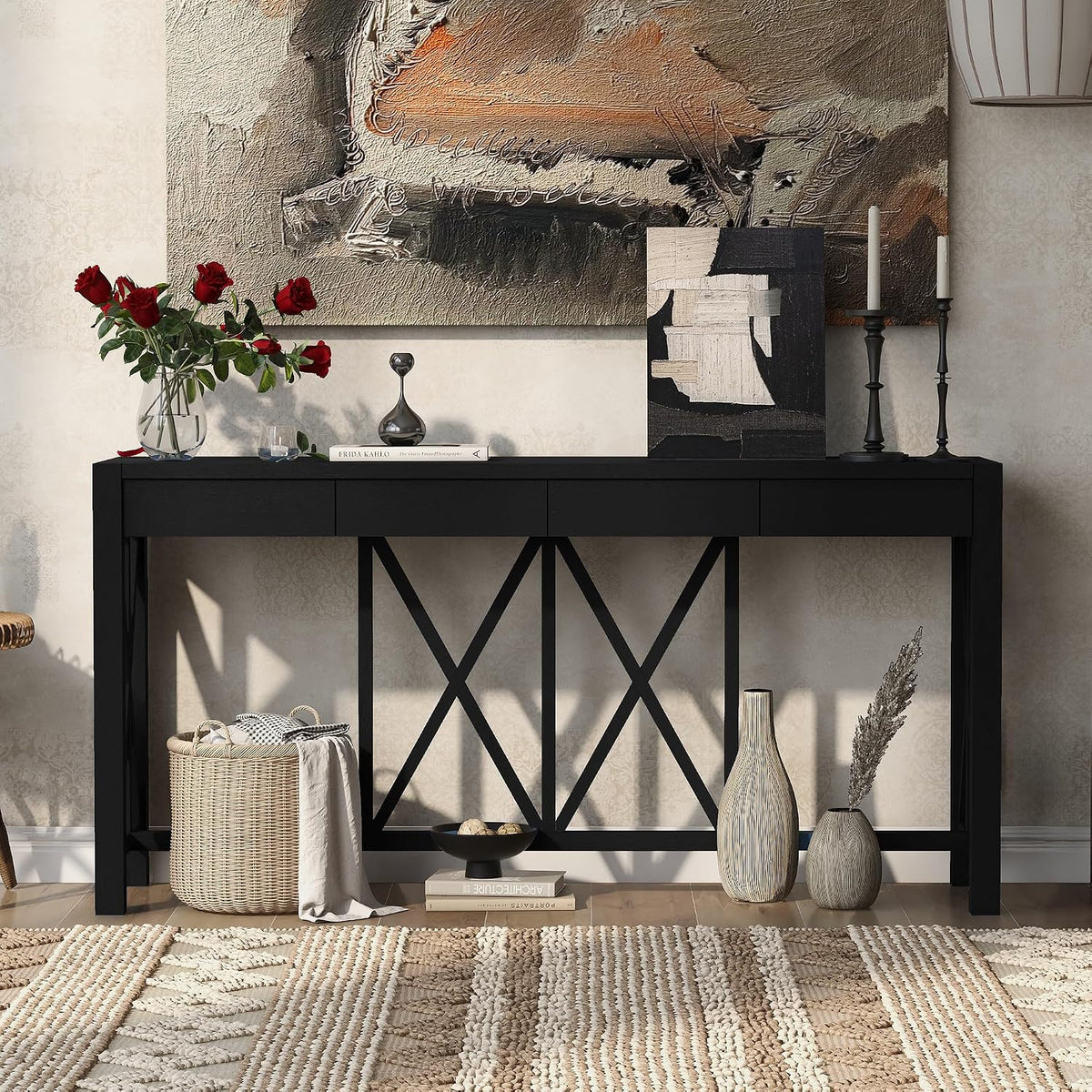 Farmhouse 60'' Console Table Sofa Table with 4 Spacious Drawers and Open Bottom Storage, Modern Crisscross Design Entryway Table for Living Room,Kitchen,Dining Room (Black-X)