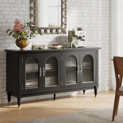 iPormis Fluted Arched Buffet Cabinet with Storage, 59" Modern Sideboard with Glass Door & Adjustable Shelves, Mid Century Modern Solid Wood Credenza Accent Cabinet for Living Room, Entryway, Black