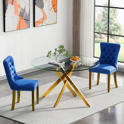 Glass Dining Room Table Set for 2, 47" Circle Glass Dining Table for 2 with Gold Metal Legs, Small Round Dining Table and Chairs Set of 2, 3 Piece Kitchen Table Set for Breakfast Dinette, Blue