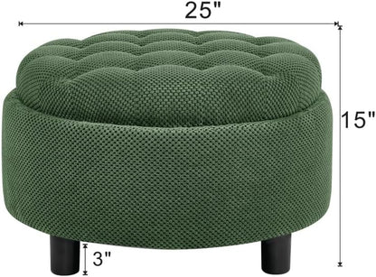 25Inch Round Storage Ottoman with Tray, ModernTufted Fabric Circle Coffee Table with Storage, Upholstered Ottoman with Removable Top for Living Room, Bedroom. (Dark Green + Wood+Fabric + Foam)