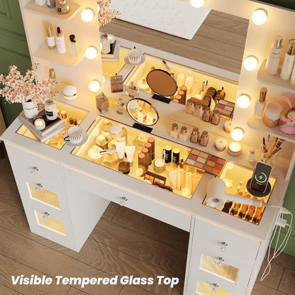 Makeup Vanity with 3-Color Lighted Mirror, Glass Top Makeup Desk with 7 Drawers, 4 Shelves, Built-in Power Outlet, Small Vanity Table for Women & Girls, White