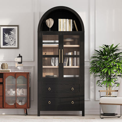 71" Tall Arched Kitchen Pantry with Glass Doors and 2 Large Drawers, Farmhouse Kitchen Storage Cabinet with Adjustable Shelves, Wood Versatile Cupboard for Dining Room (Black-3.12)