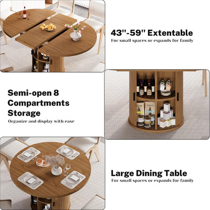 Vipbear Extendable Dining Table 43-59" for 4-6 People, Solid Wood Top with Fluted Slide Door & 8-Compartment Storage, Space Saving Round Dining Room Kitchen Dinner Tables with Pedestal Base (Walnut)