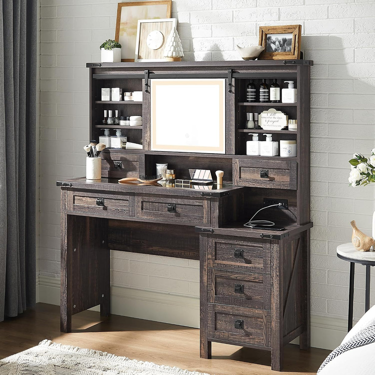 T4TREAM 48'' Farmhouse Makeup Vanity Desk with Sliding HD Mirror and Lights, Big Modern Lighted Vanity Table with 7 Drawers & Shelves, Rustic Large Dressing Table for Bedroom, Dark Rustic Oak