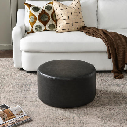 KINWELL Modern Faux Leather Round Upholstered Ottoman, Multi-Functional Sofa Footrest, Side Table, Extra Seating for Living Room, Bedroom (Black, 24" D x 24" W x 13" H)