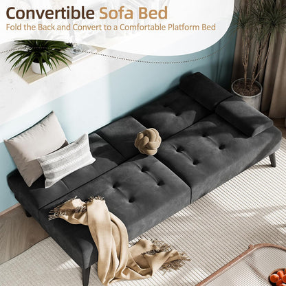 Shintenchi 64" Futon Sofa Bed, Velvet Foldable Couch, Upholstered Loveseat Sofa Couch with Folding Cup Holders, Reclining Sleeper with Removable Armrests for Home, Office, Black