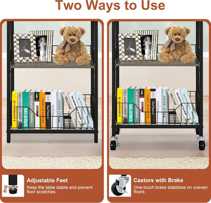 Tall Side Table with Drawer and Shelves, Narrow End Table with Optional Wheels, 4-Tier Small Side Table, 30" High for Living Room, Bedroom, Bathroom, Black & Grey