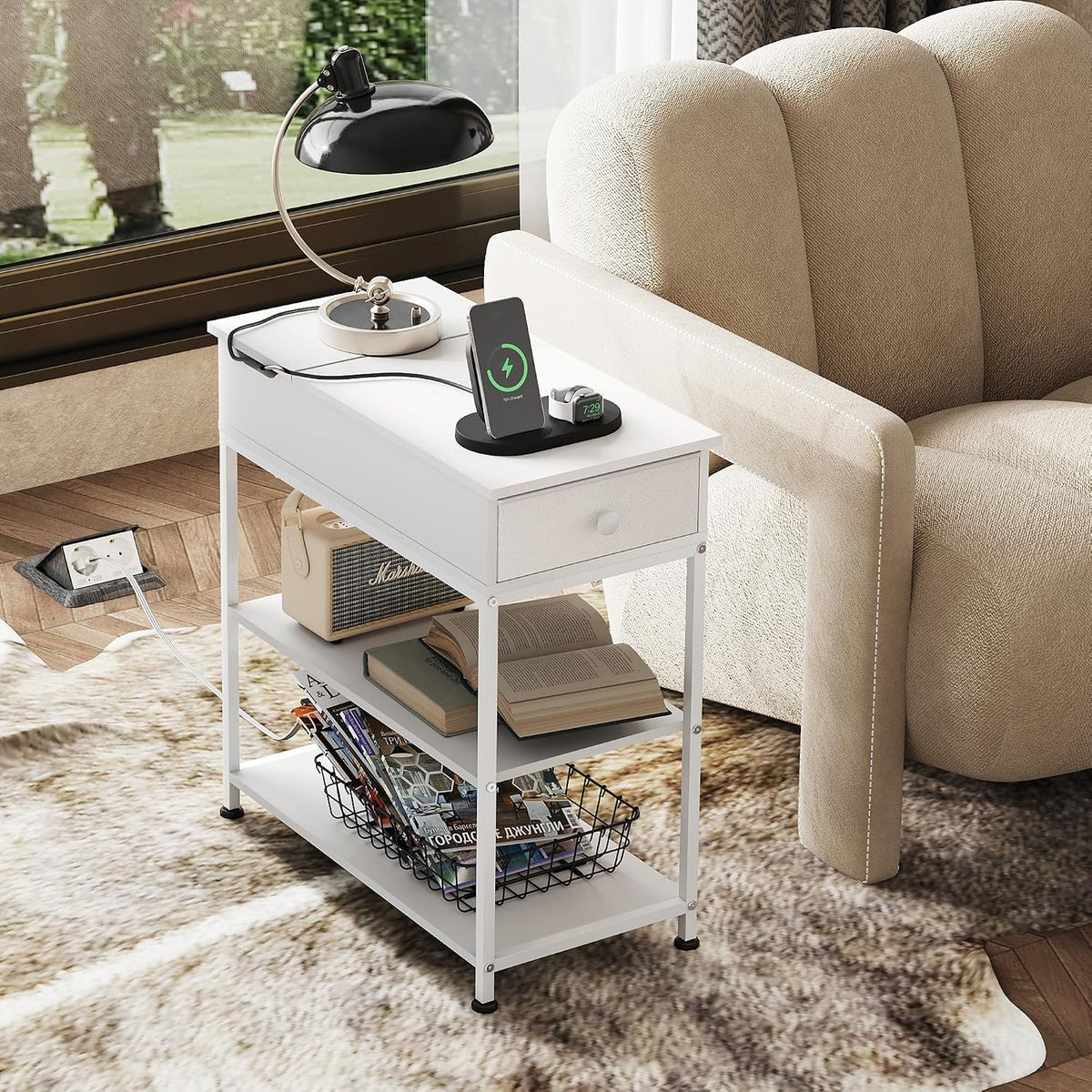 WLIVE Narrow Side Table with Charging Station, Couch Side Table for Living Room, Narrow End Table for Bedroom with Fabric Drawer, USB Ports and Power Outlets, Samll Nightstand Bedside Tables, White
