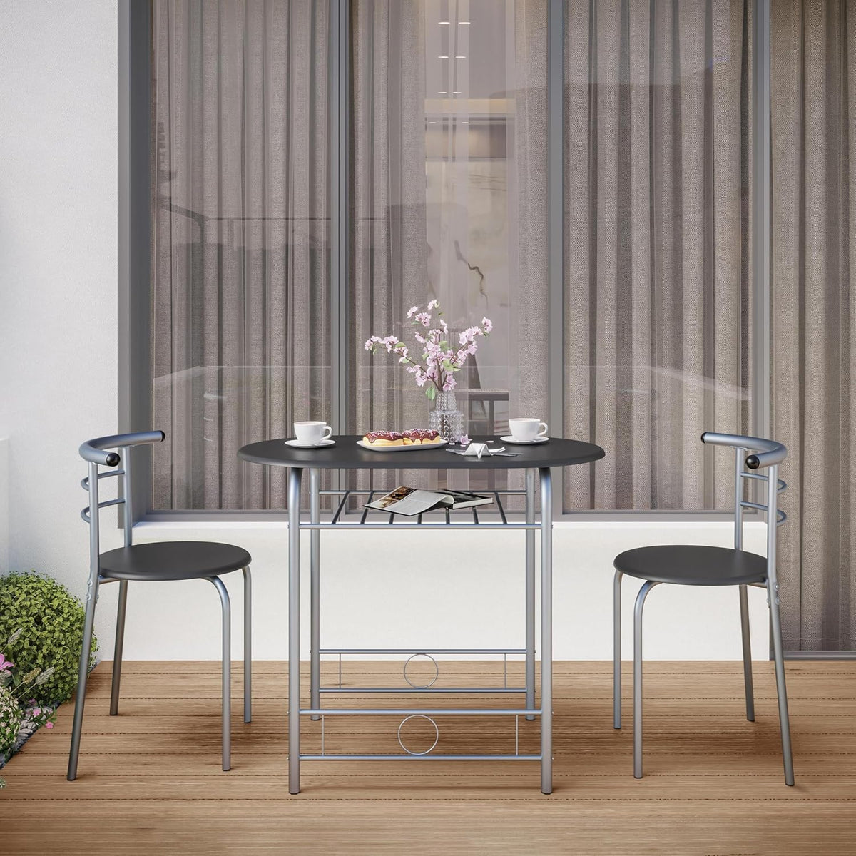 Yaheetech 3-Piece Dining Room Table Set, Kitchen Table & Chair Sets for 2, Compact Table Set w/Steel Legs, Built-in Wine Rack for Breakfast Nook, Small Space, Apartment, Black, 31.5x21x29" (LxWxH)
