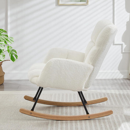 37.2" H Glider Rocking Chair Upholstered with Teddy Fabric, Indoor Rocking Chair with Armrests & Metal Frame (Ivory)