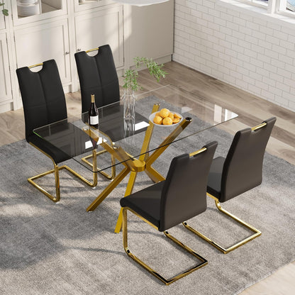 5-Piece 47" Dining Table with 4 PU Leather Chairs, Modern Dining Table Set for 4, Rectangle Kitchen Table with Golden Metal Legs for Dining Room, Kitchen(Black)