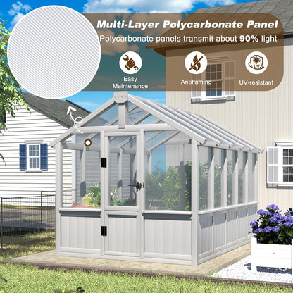 6x10 FT Green House for Outdoor, Thicken Polycarbonate Panel Wooden Walk-in Greenhouse Kit with Lockable Door and Adjustable Roof Vent, Backyard Garden, White