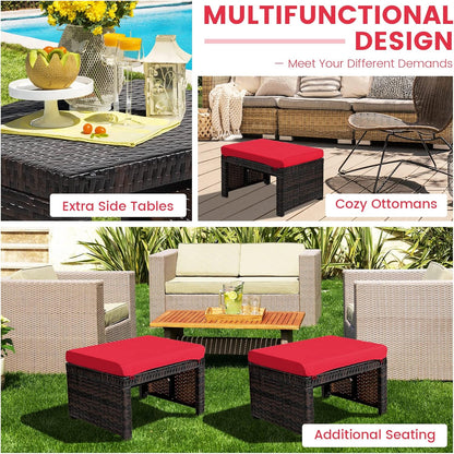 RELAX4LIFE 2-Piece Wicker Outdoor Ottoman, Rattan Footrest Set of 2 with Removable Cushions, 3-in-1 Foot Stool, Side Table & Additional Seating, Outdoor Footstools for Patio Backyard (Red)