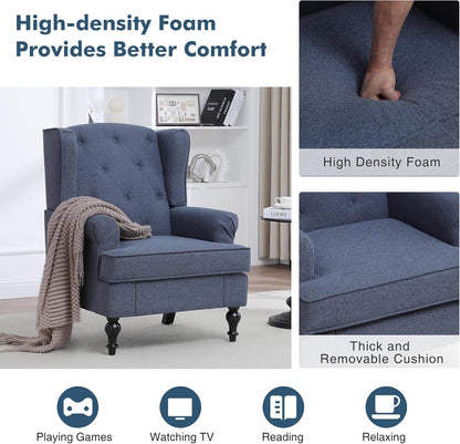 Accent Chair Set of 2, Mid Century Modern Fabric Wingback Chair, Upholstered Armchair with High Back and Vintage Legs, Comfy Single Sofa Side Reading Chair for Living Room Bedroom, Blue