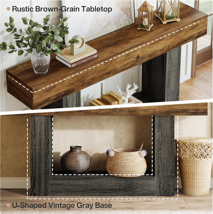 Tribesigns 63-Inch Long Console Table, 2-Tier Entryway Table Sofa Table with Storage, Farmhouse Wood Behind Couch Tables for Living Room, Hallway, Rustic Brown & Gray